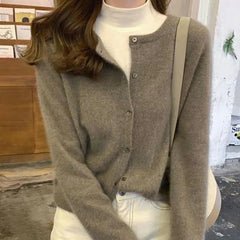 Hnewly Cold Weather Outfits Fall Solid Color Knitted Cardigan Women Korean Single Breasted Long Sleeve Jumper Woman Round Neck All Match Sweater Outwear Top