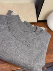 Hnewly Lace Splicing Sweater Women Spring Autumn Temperament Turndown Collar Grey Knitted Pullover Loose Long Sleeved Soft Warm Top