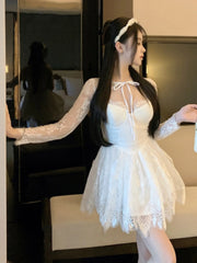Hnewly Woman Sexy Slim Lace Mini Dress Sweet Lace-up Long Sleeve Princess Birthday Clothes Spring Summer Elegant Fairy Vestidos Mujers