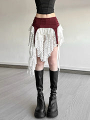 Hnewly Y2k Aesthetic Irregular Lace Mini Skirts Women High Waist Patchwork See Through Skirt Harajuku A-Line Grunge Fairy Faldas