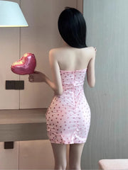 Hnewly Woman Dress Sweet Elegant Heart Printed Strapless Slim Backless Summer Fashion Ruched Sexy Mini Dress Female Club