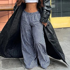 Hnewly Spring New Product Simple and Personalized Waist Collection Color blocked Grid Design Wide Legs Comfortable Pants