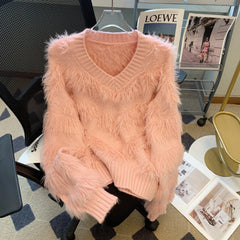 Hnewly Imitate Mink Sweater for Women's Spring Autumn New Loose Long Sleeved Pullover Knitted Top Korean Slim V-neck Short Sweaters