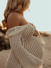 Hnewly Boho Knit Maternity Dress Bell Sleeve Crochet Pregnancy Gown for Photoshoot Baby Shower Maternity Photography Beach Dress