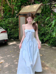 Hnewly Japanese Midi Dress Women Casual Sweet Elegant Strap Blue Bow Strapless Dress Beach Style One Piece Dress Korean Summer