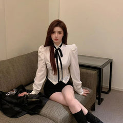 Hnewly White Shirts Women Lolita Style JK Student Pure Spring New Arrival Office Lady Slim Crop Hotsweet Trendy Long Sleeve Chic Design