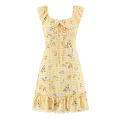 Lunivop Vintage Yellow Plaid Floral Print Ruffles Strap Sleeveless Dress Women Slim Waist Wood ears Hem A-lined Short Tank Vestidos Robe