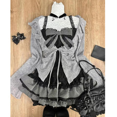 Hnewly Sweet Bow Lolita 3 Pcs Set Swomen Autumn Lace Up Ruffles Cardigan Sexy Slim Strapless Vest Top High Waist Ruched Skirt Suit
