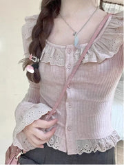 Hnewly Winter Kawaii Lolita Blouse Women Lace Knit Korean Elegant Blouse Female Long Sleeve Japanese Casual Designer Tops New