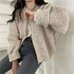Hnewly Autumn Women's Knitted Jacket New Korean Chic Casual Sweater Coat Solid Color Zipper Thick O Neck Cardigans Women