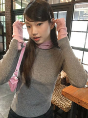 Hnewly Vintage Fake Two Piece Knitted Tops Mujer 2025 Autumn Winter Half-high Collar T-shirt for Women Y2k Slim Fit Long Sleeve Tees