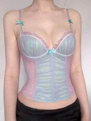 Hnewly Patchwork Mesh Folds Camisole Women Ribbon Bow Lace See Through Low-Neck Sleeveless Backless Skinny Sweet Trend Tops