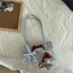 Hnewly Japanese Y2K Bow Underarm Bag Womens Soft Leather Handle Baguette Ladies Large Capacity Blue Lace Shoulder Bag Handbag