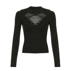 Hnewly rave inspo outfits Darkly Punk Cothic Women Long Sleeve T-Shirt Patchwork Chic Fabric Cut Out O-Neck Top Tees Slim Sexy Solid Tops