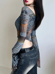 Hnewly Asymmetry Mesh T Shirts for Women Sexy See Through Long Sleeve Print Crop Tops y2k Grunge Print Shirts Vintage Coquette