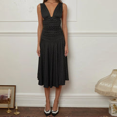 Hnewly Women Summer Vintage Polka Dot Print Sleeveless Backless Maxi Dress Sexy Boho Ruched High Waist A-line Dress Party Clubwear