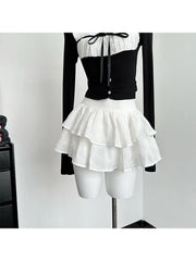 Hnewly Sweet Romantic 2000s Aesthetics Fashion Gyaru Outfits 2 Piece Set Plaid Square Collar Crop Tops Lace Up + White A-Line Skirts