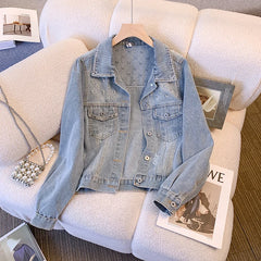 Hnewly Women Denim Jacket Spring Autumn 2025 New Popular Sweet Luxury Beaded Short Top Loose Long Sleeve Lapel Single Breasted Coat