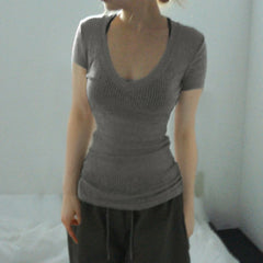 Hnewly Solid Slim-fitting Knitted Crop Top Micro-transparent T-shirt Smock Women Sexy Short Sleeve V-neck Tees Shirt Y2k Vintage