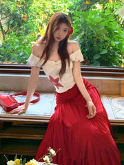 Hnewly Sexy Slash Neck Slim Tops 2 Piece Sets Y2K Femme Summer One Shoulder Tight Crop Tops High Waist Chic Patchwork A Line Skirt Suit