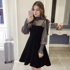 Hnewly Spring New Elegant Two Piece Dress for Women Women Winter Korean A-Line O-Neck Tops and Black Sundress Streetwear Dress Vestidos