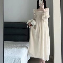 Hnewly Lace Nightgown Sleepwear Women Korean Ruffles Night Dress Spring One Piece Pajamas Long Sleeve Square Collar Home Wear 2024 New