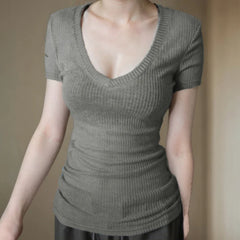 Hnewly Solid Slim-fitting Knitted Crop Top Micro-transparent T-shirt Smock Women Sexy Short Sleeve V-neck Tees Shirt Y2k Vintage