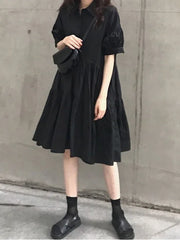 Hnewly Slimming Vintage Black Dress Summer New Style Fashionable Casual Wear Polyester Fiber Short Sleeve Standard Fit Gored Skirt