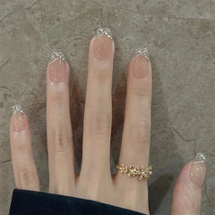 Hnewly 24pcs Detachable Short Press on Nails Y2k rhinestone False Nails with Glue Ballet Sweet Cool Girls Artificial False Nails Tips