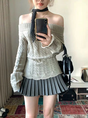 Hnewly Korean Style Sexy Off Shoulder Sweater Women Sweet Elegant Long Sleeve Knitted Pullover Cute Fashion Slim Up Sweaters