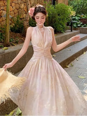 Hnewly Women's French Floral Print Halther Dresses Summer Elegant V-Neck Slim Lace-up Midi Dress Sexy Beach Holiday 2025 New Fashion