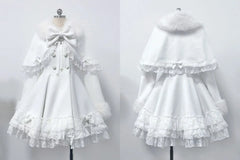 Hnewly Japanese Mine Lolita Goth Slim Long Sleeve Long Winter Woolen Coat Women High-end Removable Cape Fur Collar Lace Cross Jacket