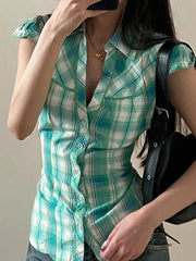 Hnewly Fashion Y2k Lace Spliced Plaid Prints Women Shirts Shorts Sleeves Retro Chic Design Summer Polo Blouses