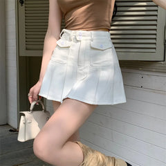 Hnewly Spicy Girl White Denim Skirt Chic High Waist A-line Ultra Short Skirts Women's 2024 Summer New Cool High Street Pleated Skirt