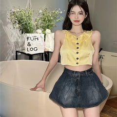 Hnewly Fake Two Pieces High Waisted Denim Shorts Skirt Women's Summer Korean Slimming Pleated Short Dresses Spicy Girl A-line Hot Pants