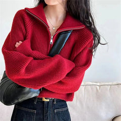 Hnewly Sweater Pullover Women Autumn Winter Korean Design New Zipper Loose Style Popular Sweater Female Tops Solid Color Pullovers
