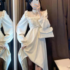Hnewly DRESS TO IMPRESS French Lace Vintage Dress Women Fashion Puffer Sleeve Elegant One Piece Dress Korean Spring High Street Slim Midi Dress Y2k