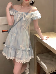 Hnewly Kawaii Japanese dress lolita y2k Sweet Blue Floral Dress Women Casual Evening Party One Piece Dress Korean Fashion Summer