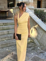 Hnewly Slanted Collar Halter Long Dress Female Summer New Ruched Backless Dress Sexy Bodycon Slit Women's Vacation Party Dress