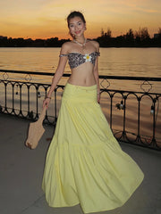 Hnewly Flower 2 Piece Set Women Sexy Backless Leopard Print Slash Neck Tops+Pleated Long Skirts Matching Clubwear Outfits