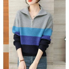 Hnewly Knitted Stripe Sweater Women's Lapel V-neck Autumn Winter 2025 New Contrast Color Versatile Knitwear Long Sleeve Pullover Tops