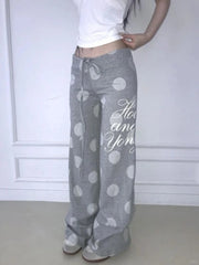 Hnewly Harajuku Polka Dot Wide Leg Trousers Y2k Aesthetic Women Letter Printing Casual Pants Vintage Grunge Drawstring Loose Pantalones
