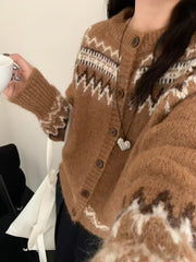 Hnewly Fair Isle Sweater Cardigan Women Long Sleeve Button-Up Crewneck Knitted Jacket Cardi Female Knitwear Fall Winter Vintage Outfit