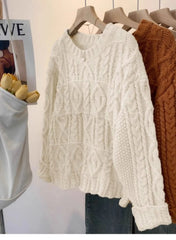 Hnewly Chunky Knit Oversized Sweater Pullovers Women Loose Cable-knit Crewneck Sweater Jumper Teen-girl Granpa Style Y2K Outfit