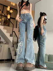 Hnewly Women's Butterfly Embroidery Pattern Micro Flared Jeans Cool Girl Fashion Wide Leg Denim Trousers Female High Waist Pants