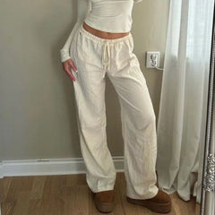 Cotton Linen Drawstring Straight-leg Pants Coquette Y2K Aesthetics Wide Leg Trousers Fashion Solid Harajuku Women