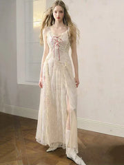 Hnewly Elegant Lace Patchwork Camis Dress Women Summer Sexy Backless Hollow Out Midi Dress Y2K Fashion Lace Up Streetwear Vestidos