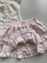 Hnewly Summer Sweet Slash Neck Slim 2-piece Set Women Fashion Cute Off Shoulder Lace Up Tops Pretty Chic Lovely Lace Short Skirt New