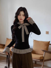 Hnewly Korean Chic Patchwork Women Black Pullover Autumn New Plaid Stitching Fake 2 Pieces Top Sweet Bow Tie Long Sleeve T Shirts Mujer