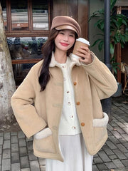 Hnewly Women Faux Lamb Suede Jacket Winter Warm Long Sleeve Sweet Cotton Coat Korean Pockets Female Thick Vintage Outwear Tops
